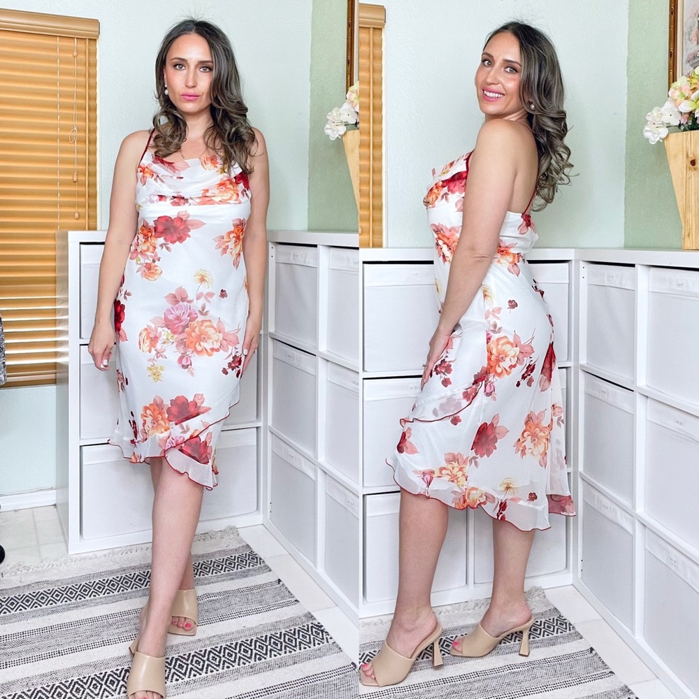 Y2K Valentines Day Dress White Floral Below Knee Summer Dress Size 11/ Large‎